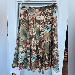 Jones New York Silk Midi Skirt in Beige with Teal & Rust floral Accents